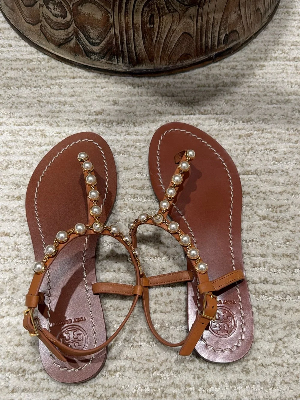 Tory Burch Brown Pearl-Embellished T-Strap Sandals